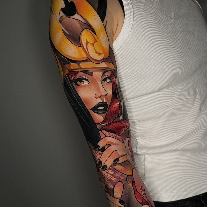 Large illustrative color tattoo by Sasha Akulov