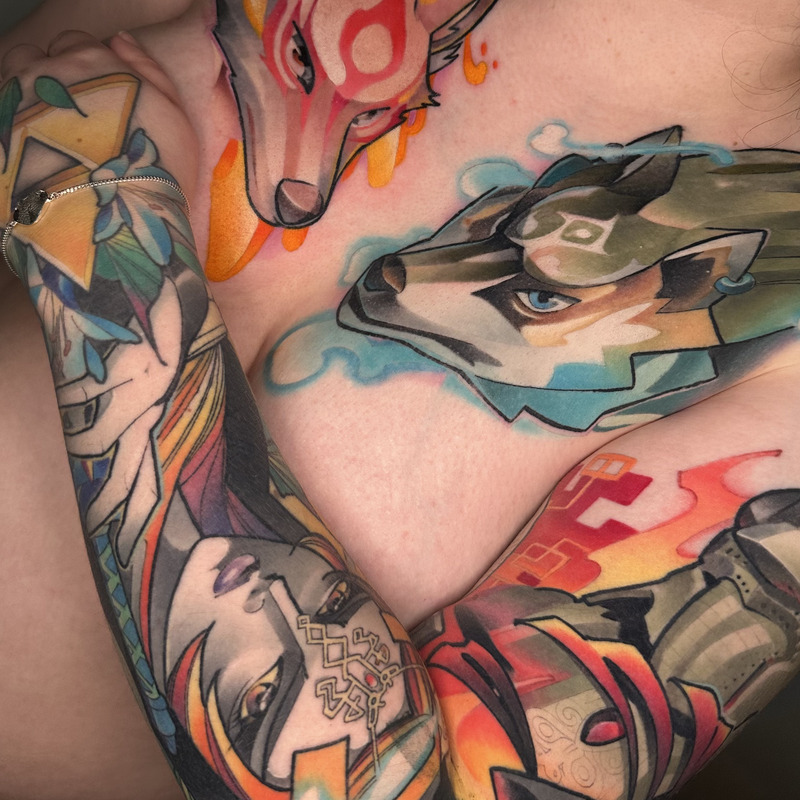 Bright illustrative tattoo sleeve by Sasha Akulov in Finland